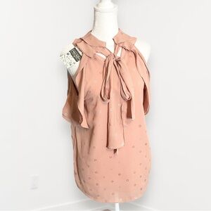 NWT Entro Size S Blouse Sleeveless Beige-Pink Silver Stars Flowy Ruffles